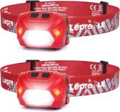 Lepro ヘッドライト LED ヘッドランプ 高輝度 ledヘッドライト 電池式 2個セット【スポット・ワイドビーム切替/赤色サブLED搭載・夜釣りに最適/実用点灯22時間/防水/CE ROHS認証済み】釣り 登山 キャンプ 散歩 作業 アウトドア 災害 停電用 小型 軽量 ヘッド ライト（レッド） [320015-R-2]